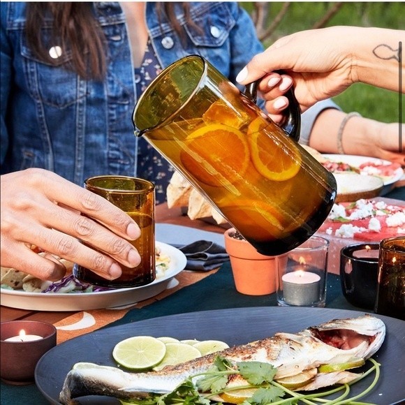 Moroccan 4 Piece Hand-blown Amber Glass Pitcher and Glasses Set - Picture 4 of 14